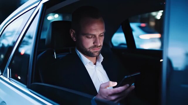 Successful businessman commuting from work in the backseat of a moving taxi at night, checking his smartphone for messages while navigating through the illuminated city streets