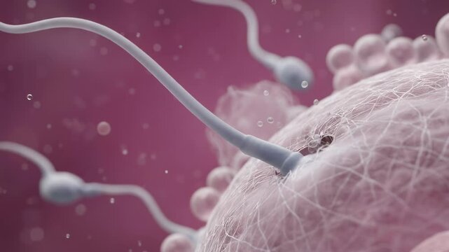 Microscopic view of sperm cells swimming towards an ovum with one spermatozoon penetrating the egg's outer layer, a detailed 3d rendering of the human fertilization process and conception
