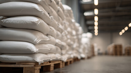 Obraz premium Large stacks of white sacks filled with goods on wooden pallets in a spacious, dimly lit warehouse, ready for distribution or storage