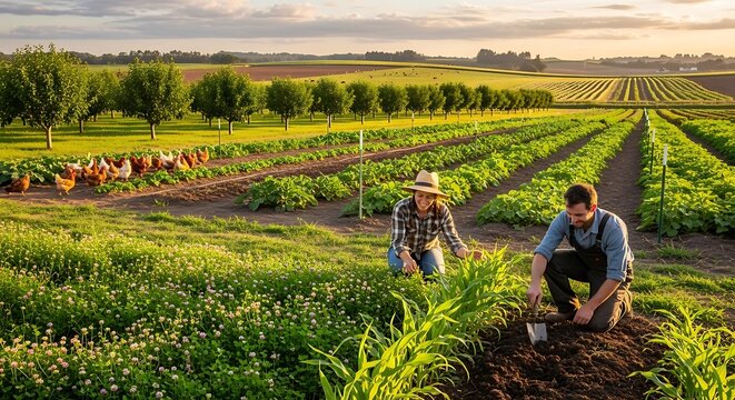 Two farmers working in a lush green field with rows of plants