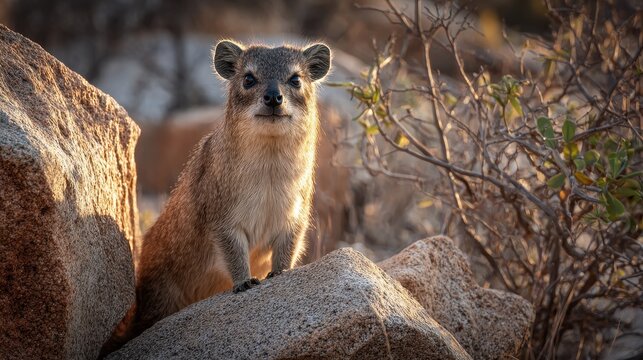Wildlife portrait of a rock hyrax on a rocky outcrop with warm light