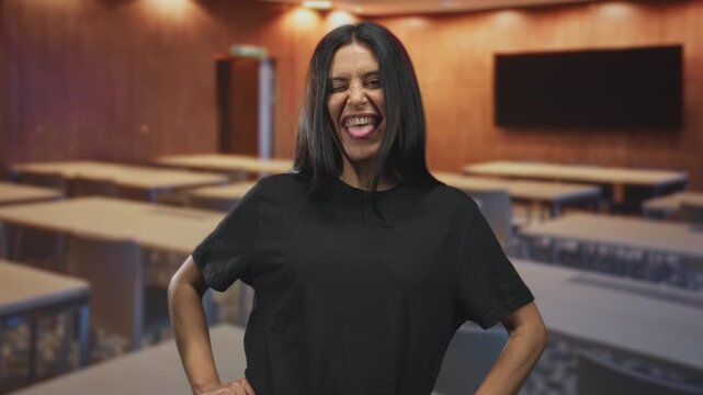 Woman hands on hips smiling with tongue out, posing in a classroom with desks, chairs and a wall monitor visible; playful.