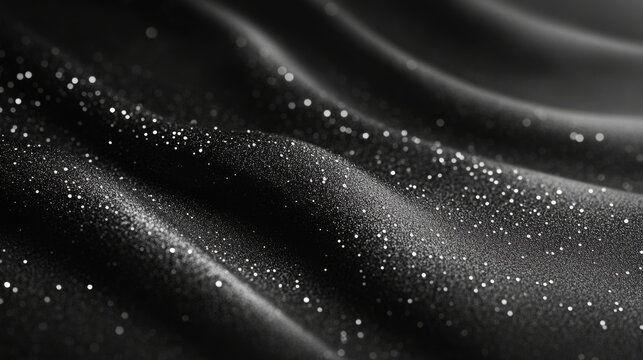 black fabric waves display shimmering silver dust glowing dark light. silk fabric creates elegant luxury texture. abstract dark material flows showing smooth satin surface vertical.