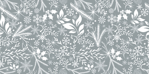 Fototapeta premium Seamless gray and white monochrome Christmas background with snowflakes, branches and deer. Not AI. Vector illustration