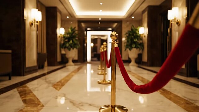 Luxurious hotel or event hall corridor leading to an exclusive area, with golden stanchions and red velvet ropes creating a pathway for important guests, showcasing elegance and prestige