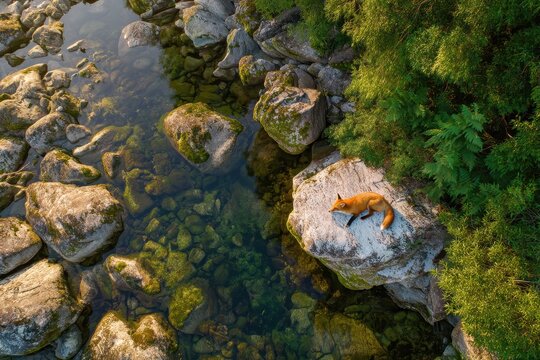 Sunlit red fox resting on pale stone near tranquil water in a dense forest, aerial perspective