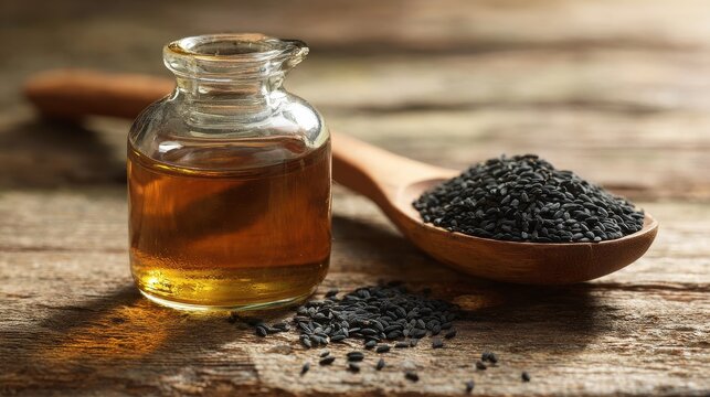 Rustic still life of black cumin seeds and Nigella sativa oil on wood