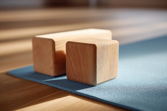 Warm-toned wooden floor setup featuring two yoga blocks and a blue mat, macro composition