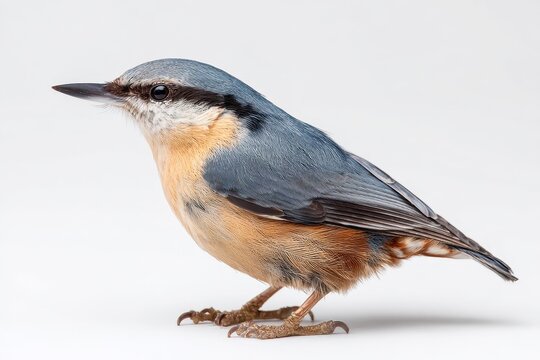 Studio shot of a nuthatch with detailed plumage on white