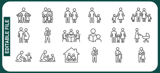 Fototapeta premium Family and Parenting, Icon Set. Parents with children, family bonding, pregnant, playing with kids, reading together, spending time at home. Family life, childcare. Line with editable stroke