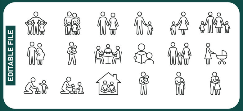 Family and Parenting, Icon Set. Parents with children, family bonding, pregnant, playing with kids, reading together, spending time at home. Family life, childcare. Line with editable stroke