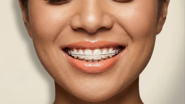 Extreme close up of a smiling woman's mouth with clear ceramic braces on her perfectly aligned white teeth, showcasing a successful orthodontic treatment and promoting dental health and aesthetics