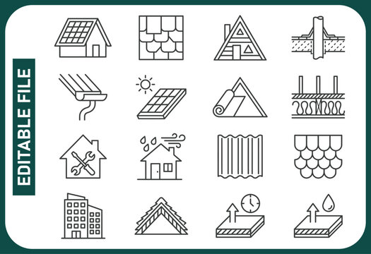 Roof icons set. Construction and roofing repair of the roof of the house. Property and characteristics of different types of roofs. Layers of materials, tools, linear icon. Line with editable stroke