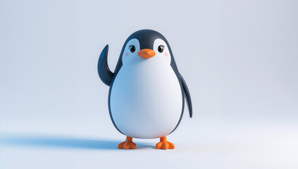 Obraz premium 白い背景でペンギンの案内キャラクターが手を振る素材