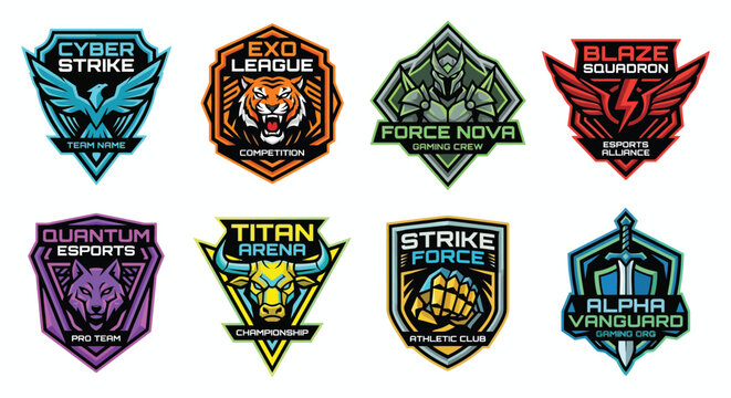Collection of gaming esports team logos and neon style clan emblems with mascot designs competition tournament identity competitive abstract character insignia branding collection