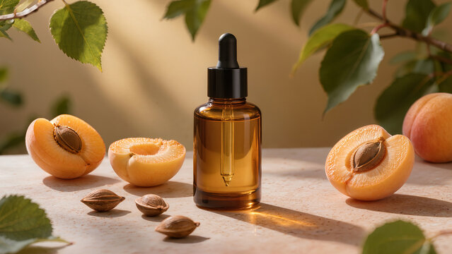 Apricot kernel oil in clear glass dropper bottle with fresh apricot halves on a table