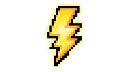 Fototapeta premium Pixel art lightning bolt icon yellow and orange on white background