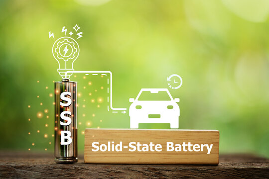 Solid-State Battery text in wood and SSB text in battery and icons on natural background.The new future of electric vehicle batteries concept.
