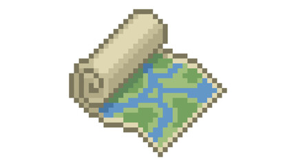Fototapeta premium Pixel art scroll map icon with blue rivers and green land