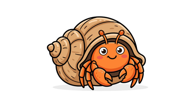 Cute cartoon hermit crab peeking out of its shell with a happy expression