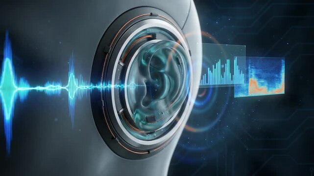 Advanced bionic ear with a high tech implant processing incoming sound waves, displaying real time audio data analysis on a futuristic holographic interface for hearing technology and research