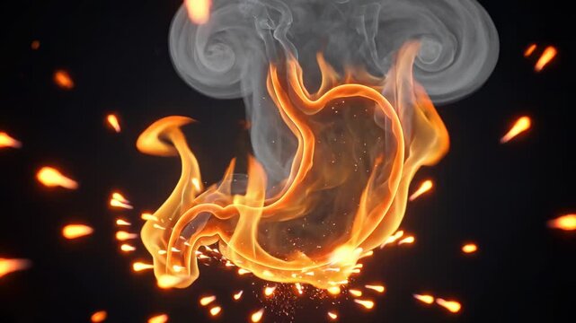 Fiery depiction of a human stomach burning with flames and smoke on a dark background with sparks, symbolizing digestive issues such as heartburn, gastritis, indigestion, and acid reflux