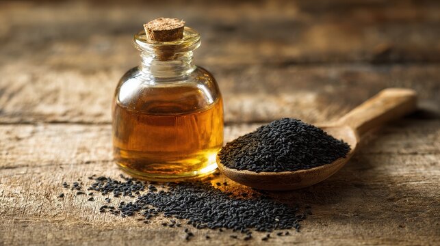 Organic black cumin seeds with oil in glass bottle on rustic wooden table