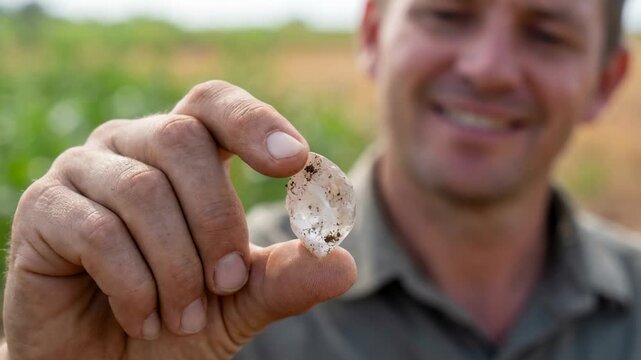 Happy caucasian male miner proudly showing a large. Uncut. Raw diamond recently found at the mine. Focus on the rough gemstone held between his fingers with the smiling man blurred in the background