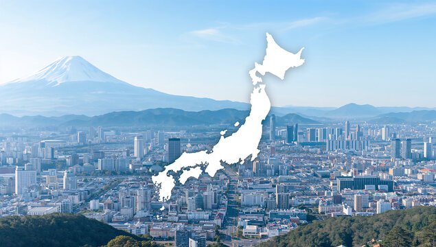 日本の地図と富士山で国内旅行の広がりを表す風景