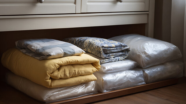 Organized Linen Closet Shelf with Stacked Duvets and Comforters in Yellow, Blue, and White, Neat Storage Solution for Bedding