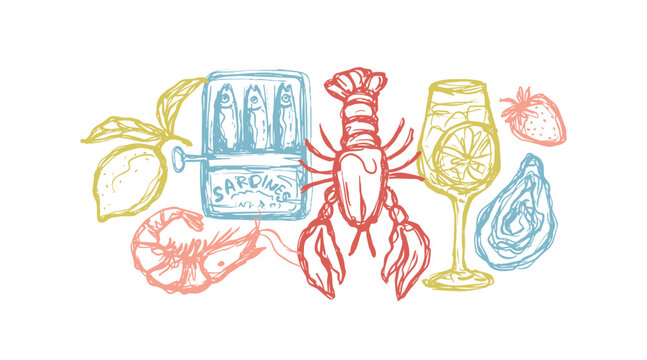 Mediterranean food border vector illustration on isolate white background. Hand-drawn colorful seafood, lobster and drinks horizontal element for stylish modern restaurant menu design.