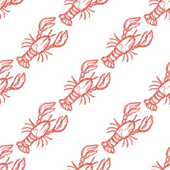 Fototapeta premium Lobster seamless pattern vector mediterranean food background. Hand-drawn red crustacean outline for stylish textile design. Modern minimal italian print on isolate white surface.