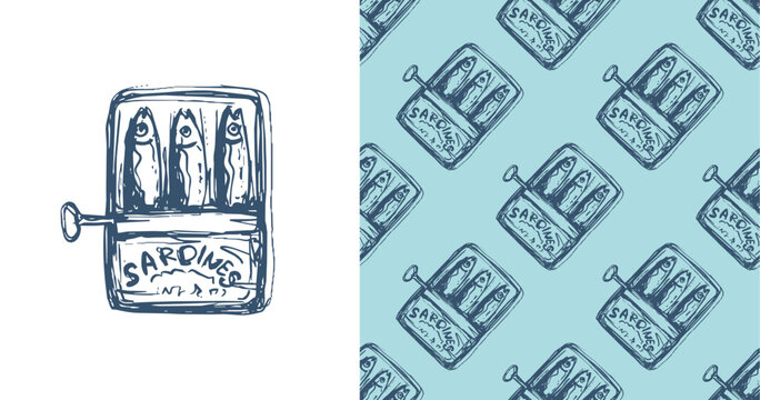 Sardines seamless pattern and isolated vector tin can combo set. Mediterranean seafood hand-drawn ink sketch surface design. Modern trendy line art doodle texture for restaurant.