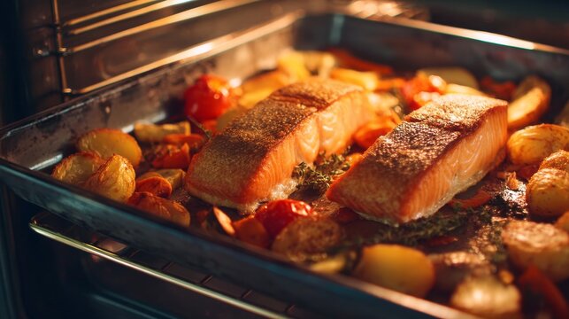 Baked salmon fillet with roasted vegetables lies on baking sheet inside oven. Fresh salmon steak surrounded by potatoes and tomatoes looks delicious. Healthy fish dinner provides omega protein.