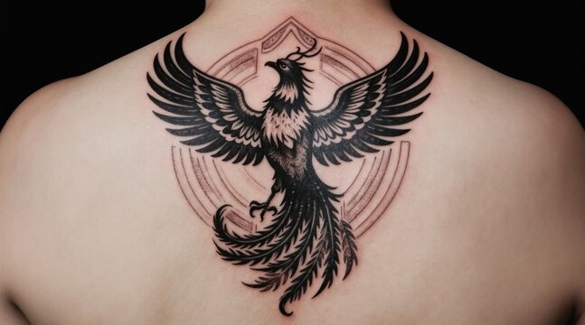 Close up back view of person with large black ink phoenix tattoo. Mythical bird design with spread wings sits inside geometric frame. Symbolizes rebirth and strength.