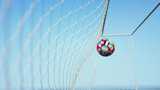 Soccer ball 3d render flying to a goal net