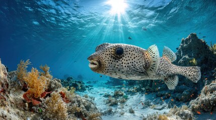 Fototapeta premium Silent reef life: puffed blowfish drifting through a colorful underwater garden