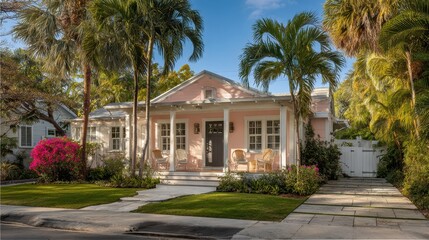Fototapeta premium Palm-lined Florida residence on a bright suburban street at golden hour