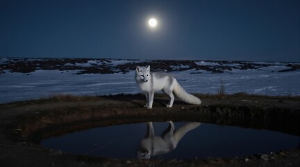 Naklejka premium White arctic fox stands by dark water hole with moon overhead. Fox reflection in pool of water. Snowy barren landscape at night. Arctic animal looking around.