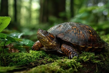 Naklejka premium Wildlife photograph of a wood turtle in a tranquil woodland setting