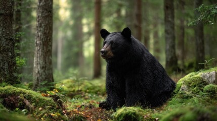 Fototapeta premium Wildlife portrait: bear seated on forest floor among ferns and moss