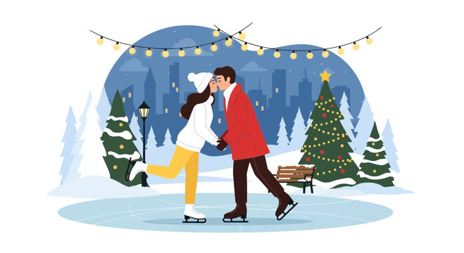 A romantic couple ice skating and kissing in a winter park setting.