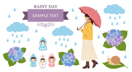 A collection of rainy day themed illustrations featuring a girl with an umbrella and hydrangea flowers. © Kusmini_Bintimawardi