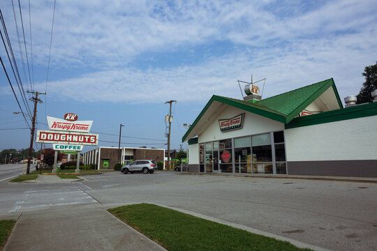 Sign and building at one of the oldest Krispy Kreme donut shops. Chattanooga, Tennessee, June 2021