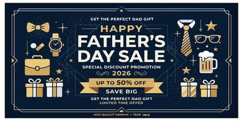 Naklejka premium Happy Father's Day Sale Banner — Special Discount Promotion Horizontal Template Blue Gold Dad Gift Design 2026