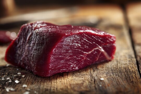 Venison back resting on wooden countertop, primal meat display for culinary use