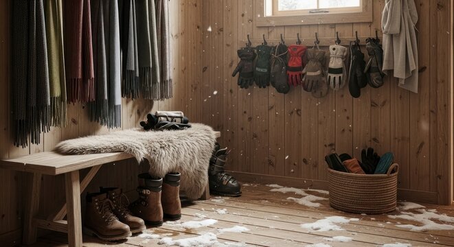 Interior r&uacute;stico de madeira com banco, botas, cachec&oacute;is, luvas e efeito de neve.