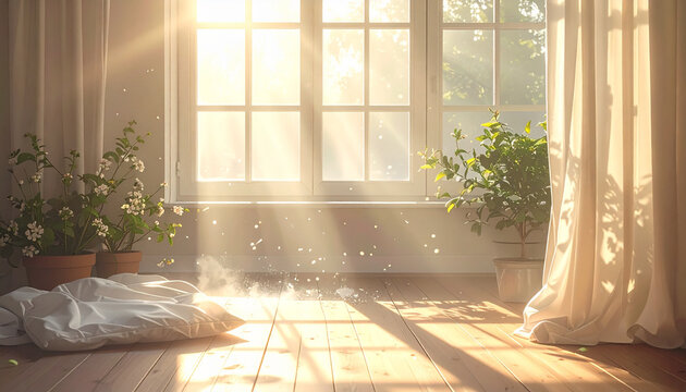 Quarto ensolarado com cortinas e plantas