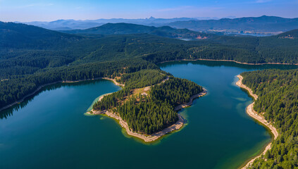 Fototapeta premium 深い森に囲まれた山岳湖を上空から望む壮大な自然風景写真