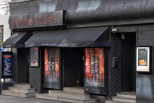 LONDON, UK - MARCH 12, 2022:  Exterior view of Ronnie Scott's Jazz Club in Frith Street
